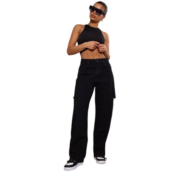 2/$30 NWT PrettyLittleThing 12 Black Washed Boyfriend Baggy Jeans Thigh Split - Picture 1 of 14